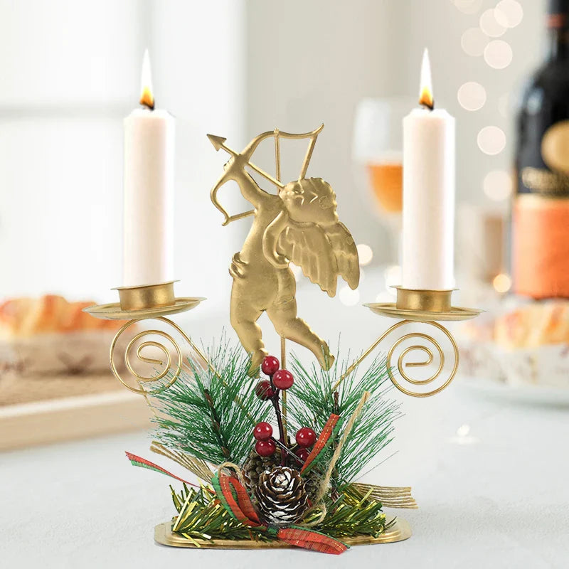 Castiçal de Vela em Ferro Dourado com Figurinos Decorativos Decoração de Natal