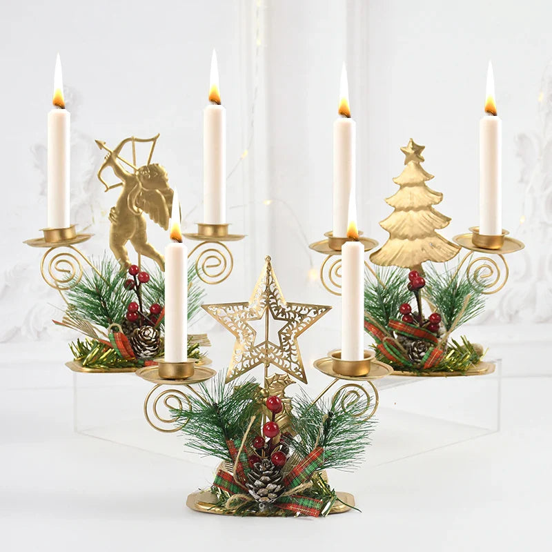 Castiçal de Vela em Ferro Dourado com Figurinos Decorativos Decoração de Natal