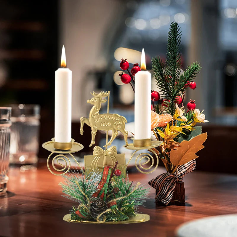 Castiçal de Vela em Ferro Dourado com Figurinos Decorativos Decoração de Natal