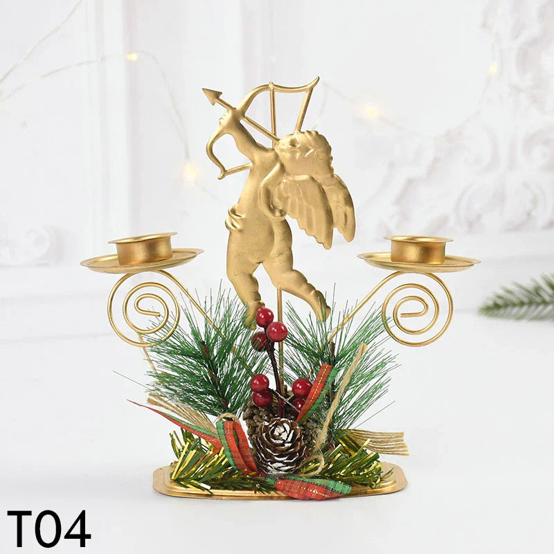 Castiçal de Vela em Ferro Dourado com Figurinos Decorativos Decoração de Natal