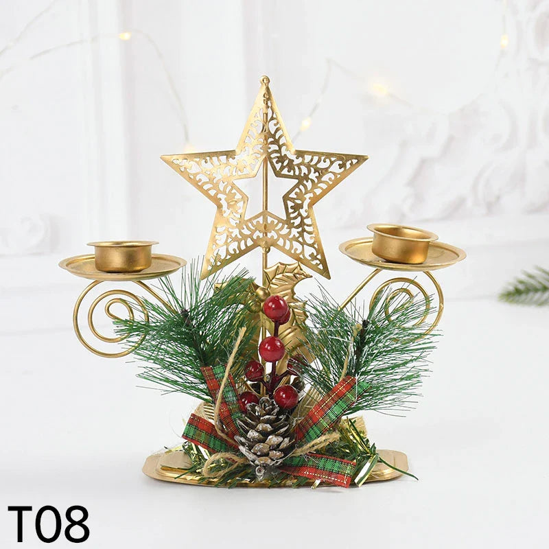 Castiçal de Vela em Ferro Dourado com Figurinos Decorativos Decoração de Natal