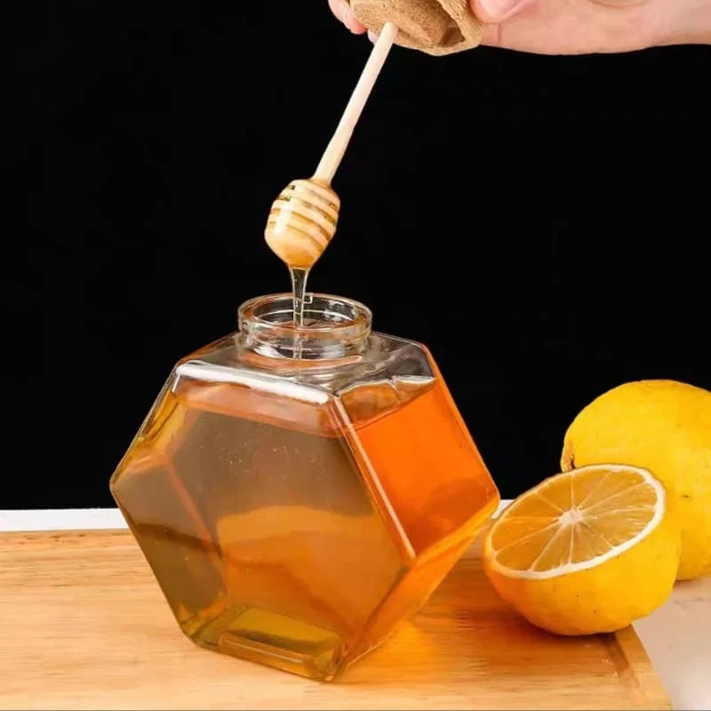 Meleira de Vidro Porta Mel com Colher e Tampa de Madeira