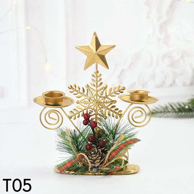 Castiçal de Vela em Ferro Dourado com Figurinos Decorativos Decoração de Natal