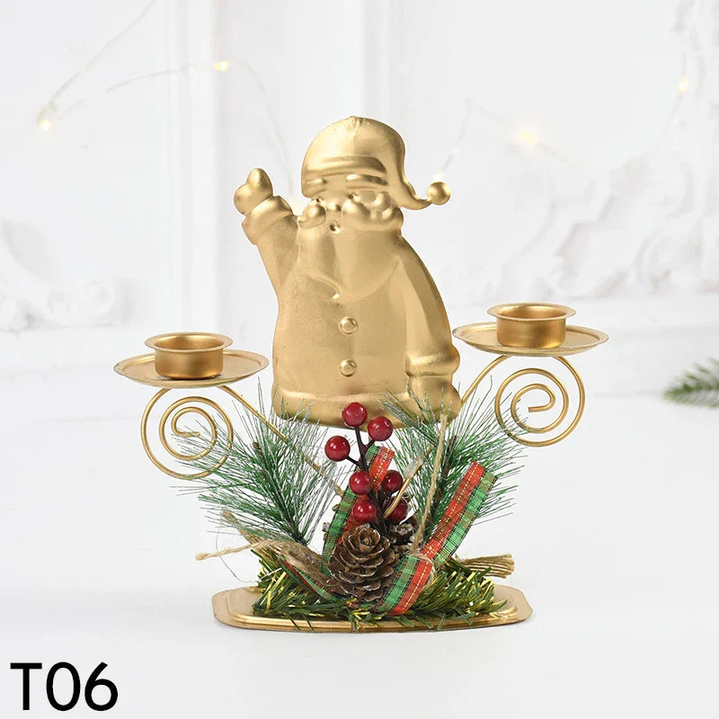 Castiçal de Vela em Ferro Dourado com Figurinos Decorativos Decoração de Natal