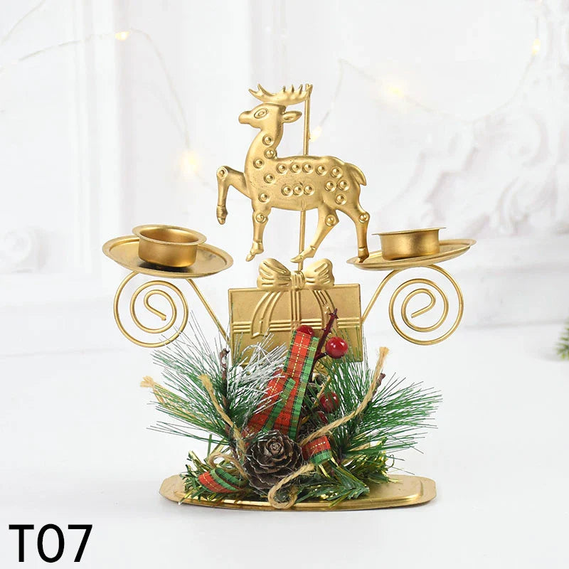 Castiçal de Vela em Ferro Dourado com Figurinos Decorativos Decoração de Natal