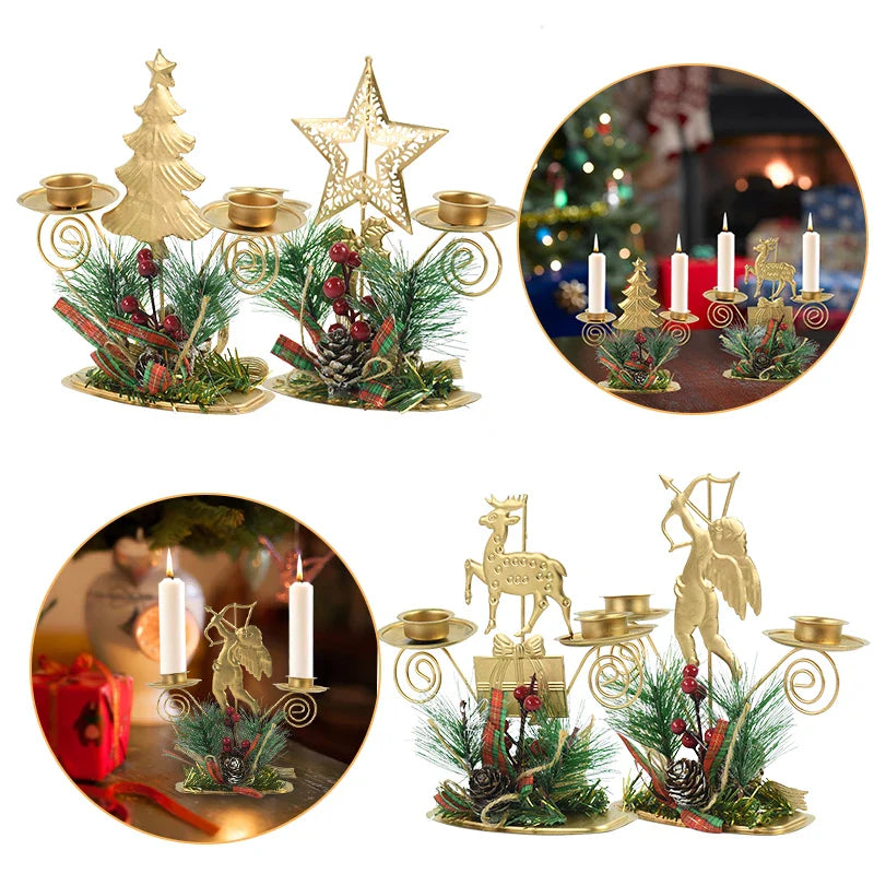 Castiçal de Vela em Ferro Dourado com Figurinos Decorativos Decoração de Natal