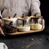 Conjunto de Potes de Vidro Tampa de Madeira