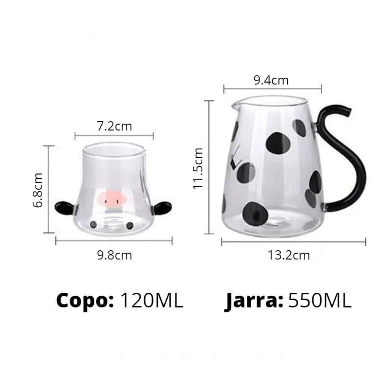 Jarra de Vidro Borossilicato com Copo Temático Vaquinha