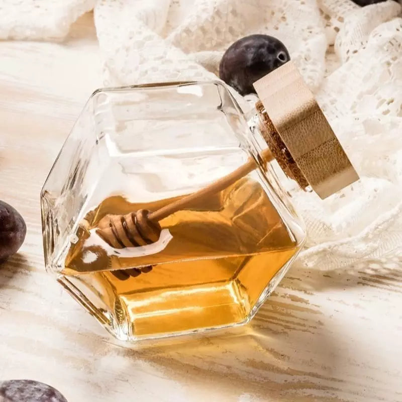 Meleira de Vidro Porta Mel com Colher e Tampa de Madeira