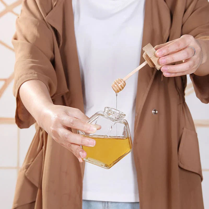 Meleira de Vidro Porta Mel com Colher e Tampa de Madeira