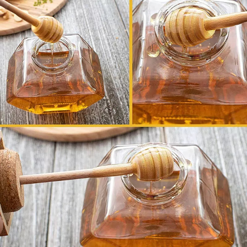 Meleira de Vidro Porta Mel com Colher e Tampa de Madeira